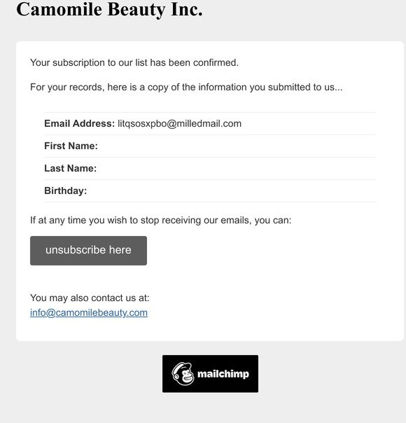 Camomile Beauty Inc.: Subscription Confirmed