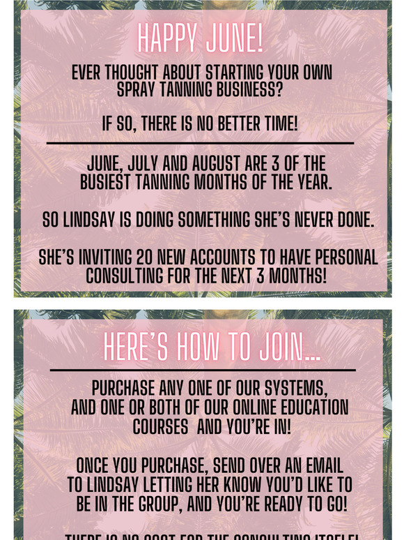 Updated links here   Happy June! Lets start a tanning business together!
