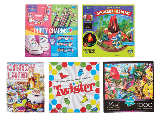 Kids' Kits, Puzzles, Games, Outdoor Toys and Playground Balls.