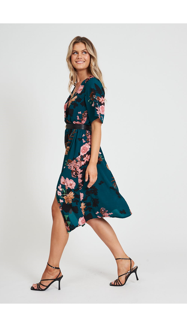 Helena Dress in Green with Apricot Floral-14
