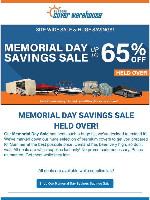 Save up to 65% off during our Memorial Day Saving Sale -Held Over!