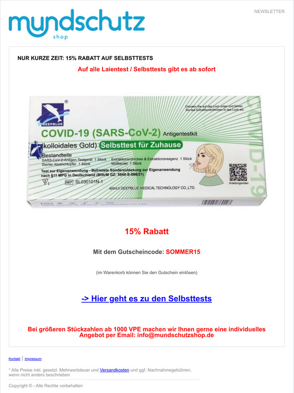 Nur kurze Zeit: 15% Rabatt auf Selbsttests