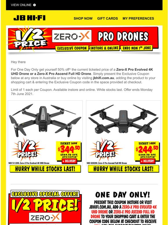 Jbhifi Com Au Exclusive 1 Day Only Coupon 1 2 Price Zero X Pro Drones Milled