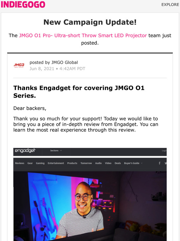 Indiegogo Update 3 from JMGO O1 Pro Ultrashort Throw Smart LED