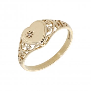 Pre-Owned 9ct Yellow Gold Diamond Set Heart Signet Ring