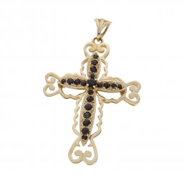 Pre-Owned 9ct Yellow Gold Sapphire Set Large Cross Pendant