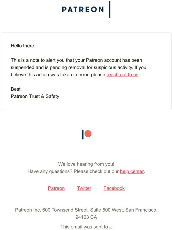 Notification of Patreon Account Pending Removal