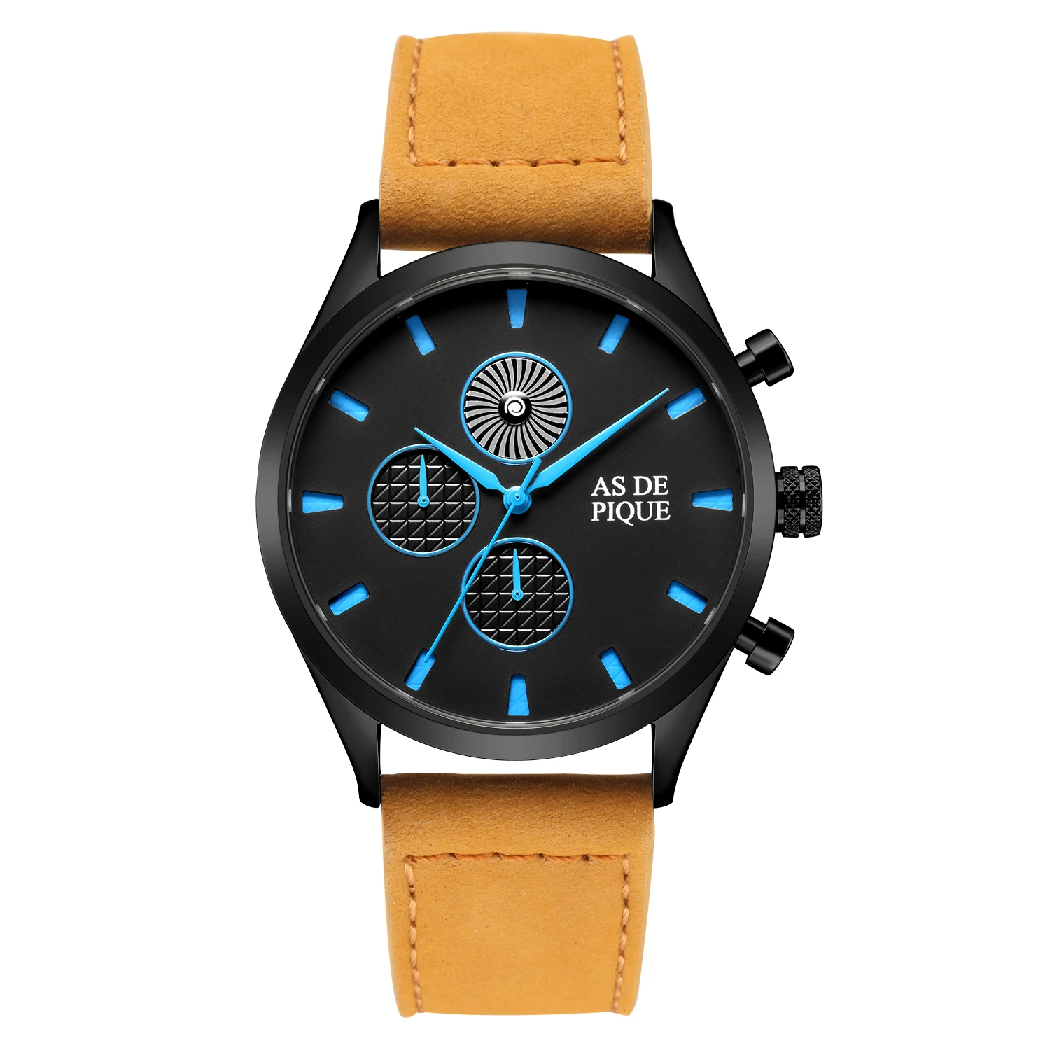 AS DE PIQUE Turbine Schwarz Blau Beige 42mm Leder Orange