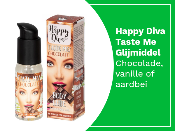 Happy Diva glijmiddel met smaakje. Aardbei, vanille, chocolade.