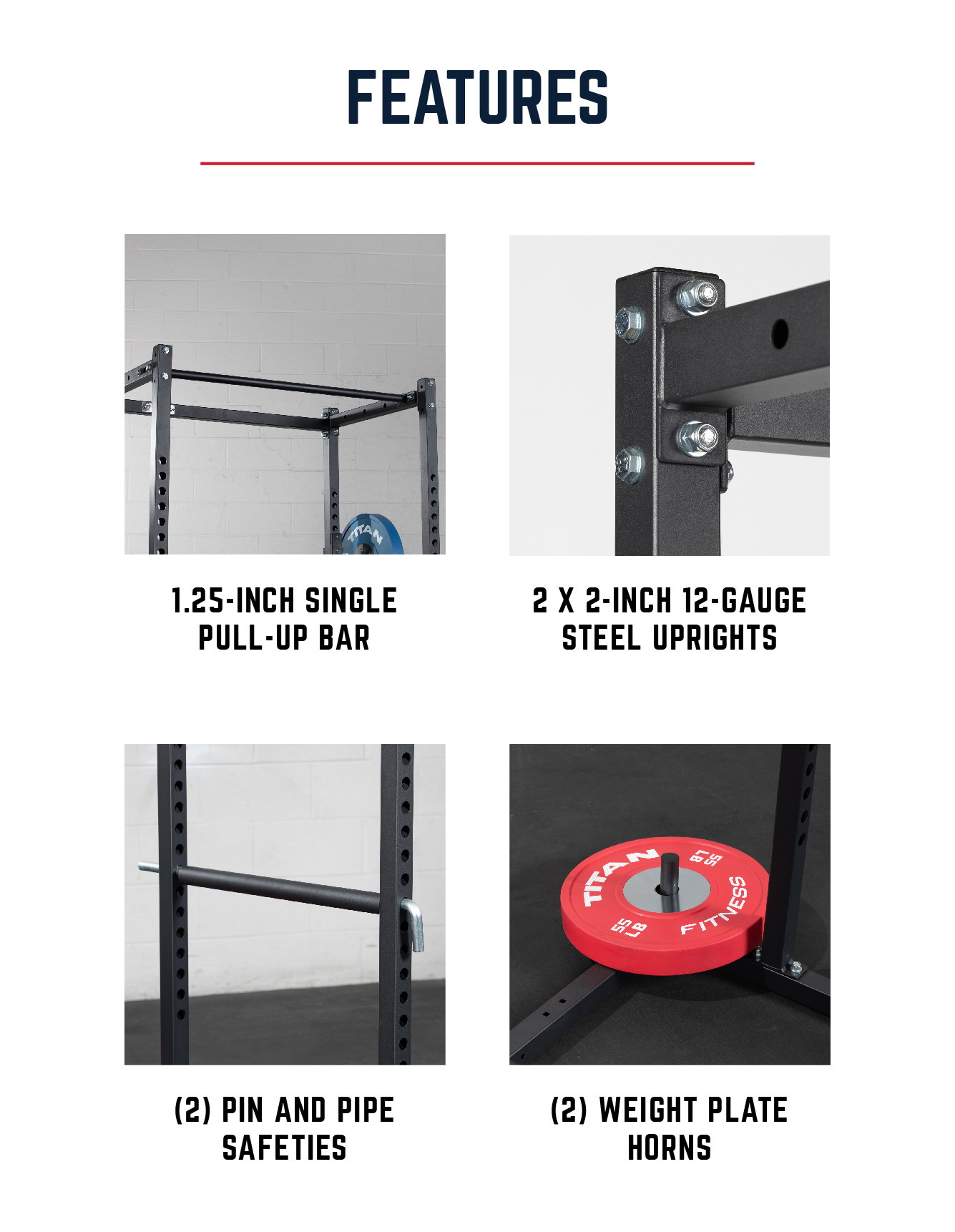 1.25in single pull up bar. 2 x 2 in 12 gauge steel uprights. 2 Pin and pipe safeties. 2 weight plat horns.
