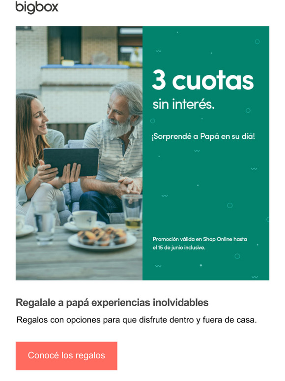 Da del Padre en Bigbox: 3 cuotas sin inters. Regalale experiencias