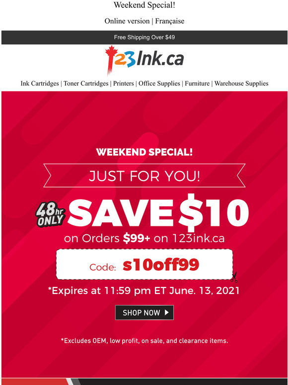 Save $10 on Order over $99 on 123ink.ca 