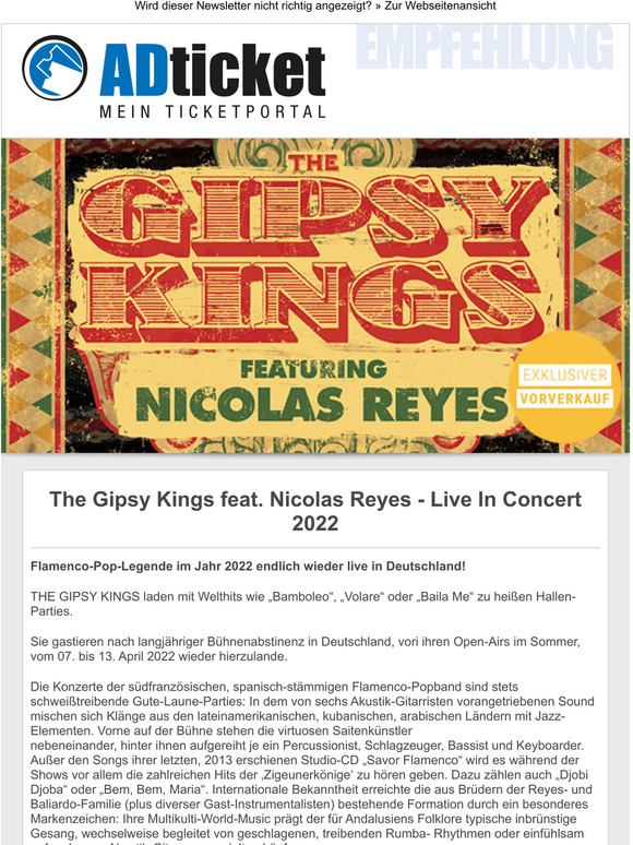 The Gipsy Kings feat. Nicolas Reyes - Live In Concert 2022 - Exklusiver Vorverkauf | Jetzt Tickets sichern!