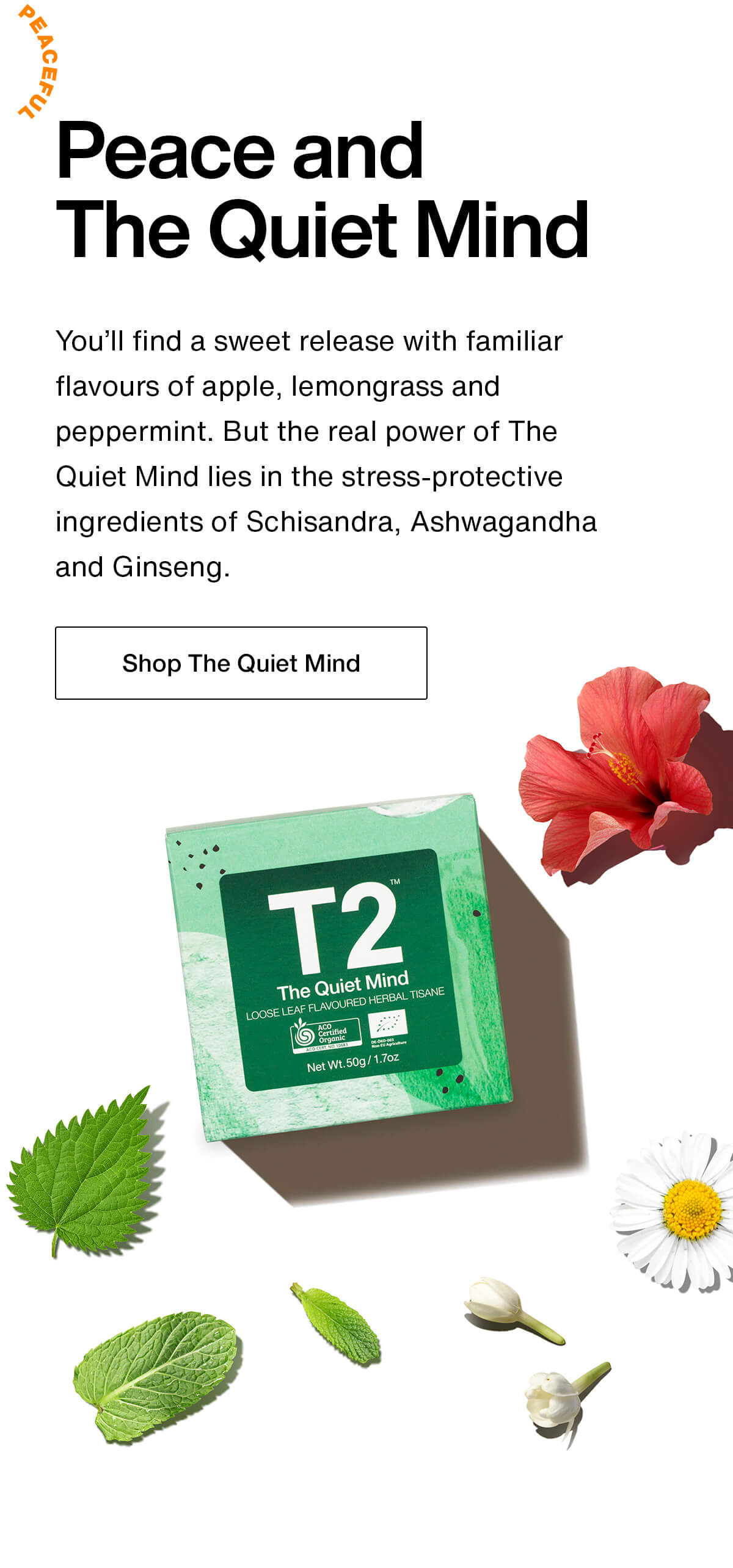 Peace and The Quiet Mind. You'll find a sweet release with familiar flavours of apple, lemongrass and peppermint. But the real power of The Quiet Mind lies in the stress-protective ingredients of Schisandra, Ashwagandha and Ginseng. Shop The Quiet Mind