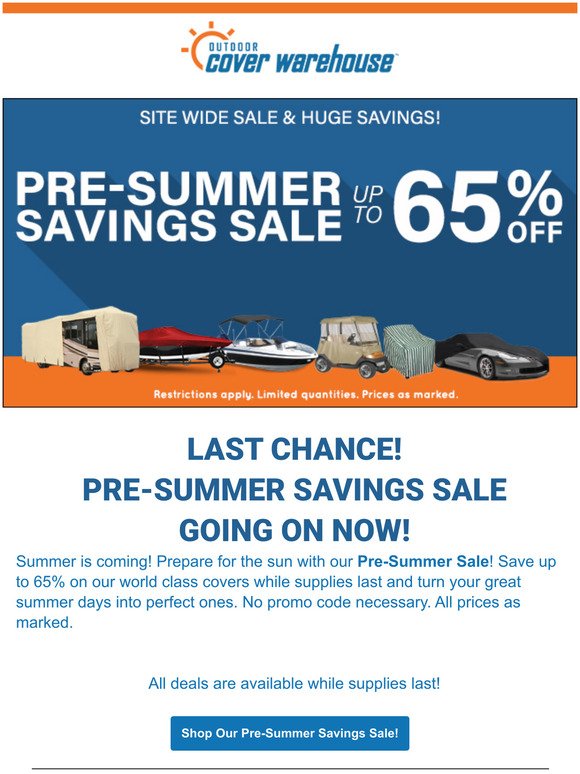Last chance! Save up to 65% off during our Pre-Summer Savings Sale!