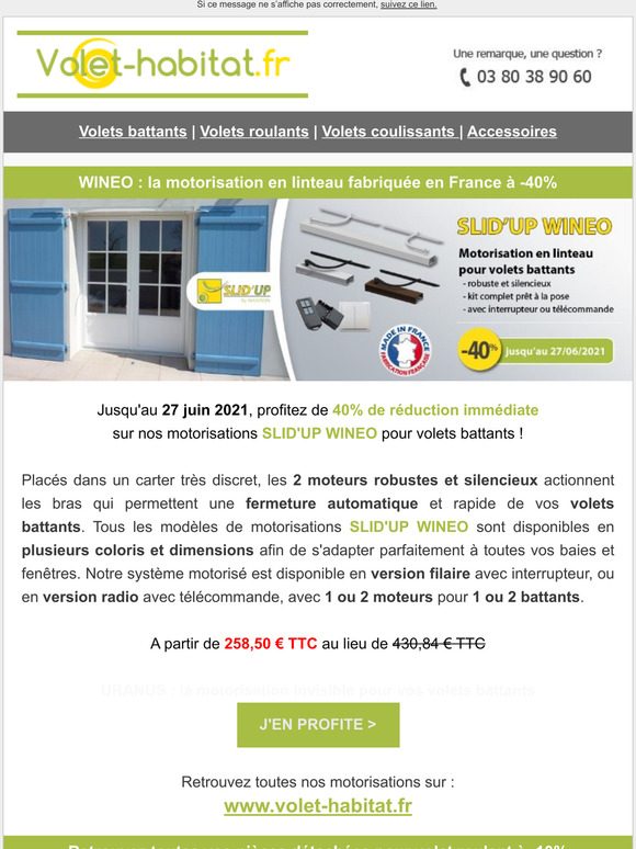 Volet Habitat Motorisation WINEO pour volets battants 40 Milled