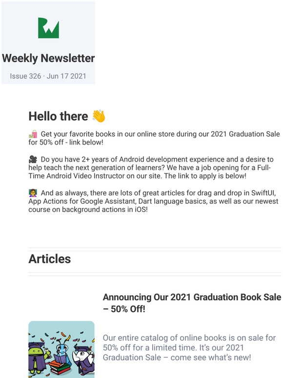 ISO: Full-time Android Instructor |  50% off all books | New content for iOS, Android, Flutter and more