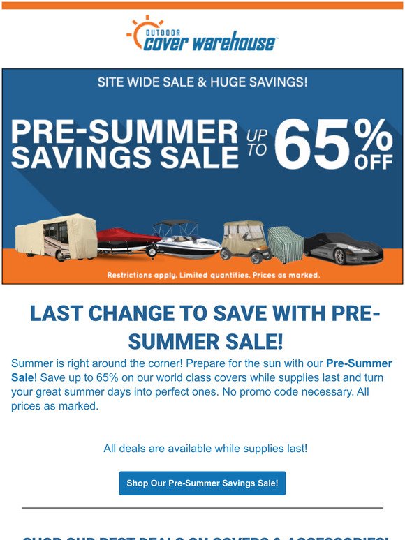 Last Chance! Save up to 65% off during our Pre-Summer Savings Sale!