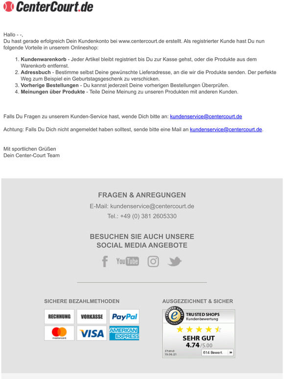 Vielen Dank fr Deine Registrierung im www.centercourt.de Online Shop!