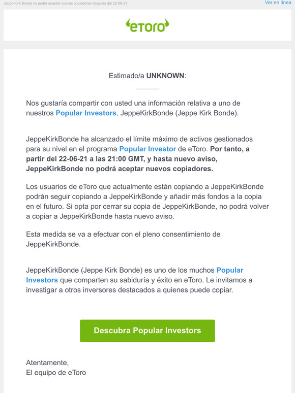 Notificacin importante relativa al Popular Investor de eToro Jeppe Kirk Bonde (JeppeKirkBonde)