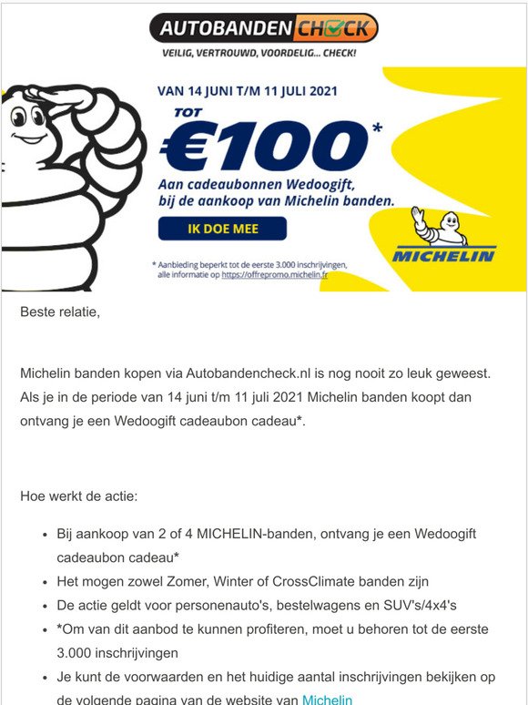 apotheek Belegering Fruit groente autobandencheck.nl: Een Wedoogift cadeaubon cadeau bij aankoop van Michelin  banden | Milled