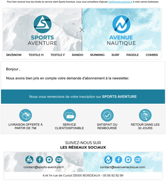 SPORTS AVENTURE:  Abonnement  la newsletter russi