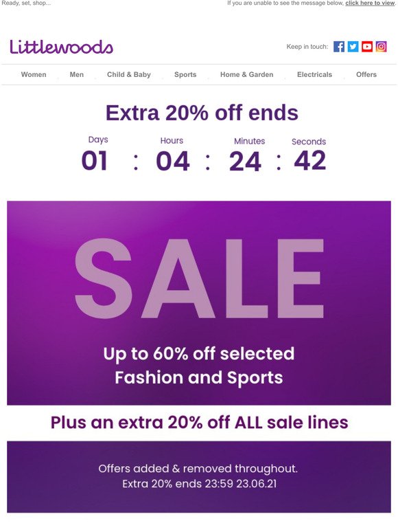 Extra 20% off all Fashion & Sports sale items!