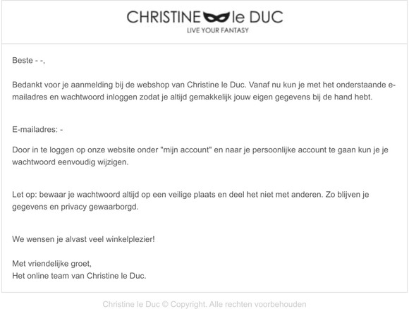 Welkom bij Christine le Duc. Hierbij je accountgegevens