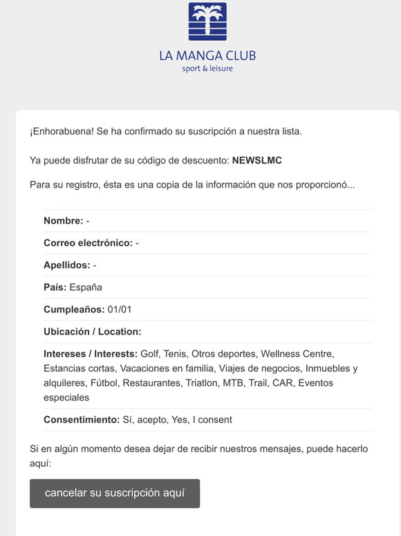 Newsletter La Manga Club (Espaol): Suscripcin confirmada