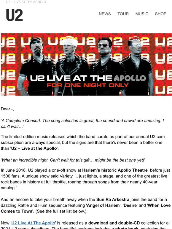 U2: Live At The Apollo - Now Downloading Six... | Milled