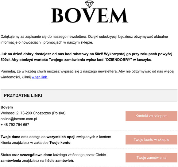 Bovem - Dodanie adresu e-mail do newslettera