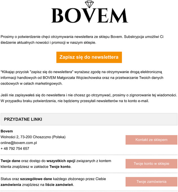 Bovem - Potwierdzenie dodania adresu e-mail do newslettera