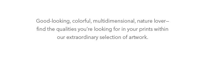 Good-looking, colorful, multidimensional, nature lover—find the qualities you’re looking for in your prints within  our extraordinary selection of artwork.