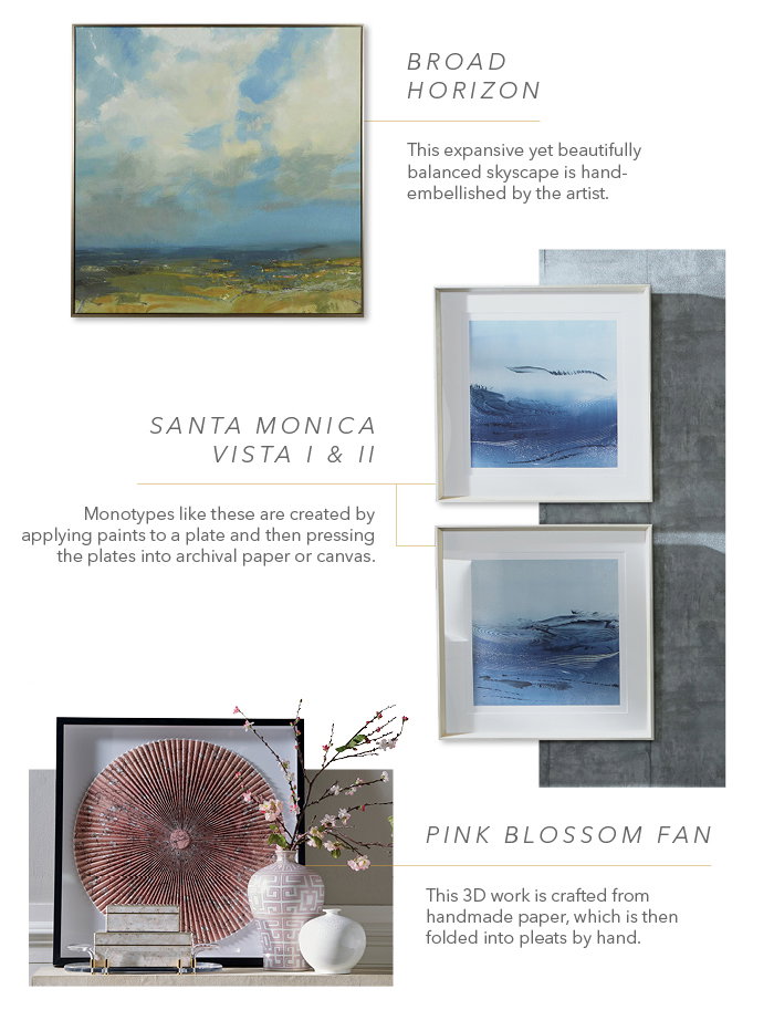 Check out beautiful pieces such as Broad Horizon, Santa Monica Vista I & II, and Pink Blossom Fan >