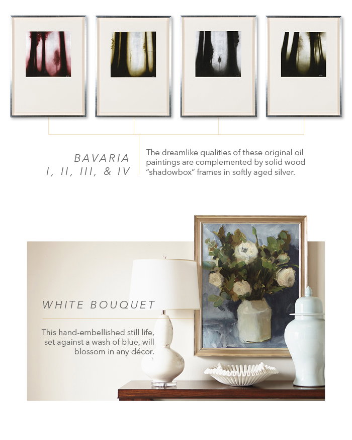 Currate your home with works like the Bavaria series and the White Bouquet, created by artist, Leslie Dyas >