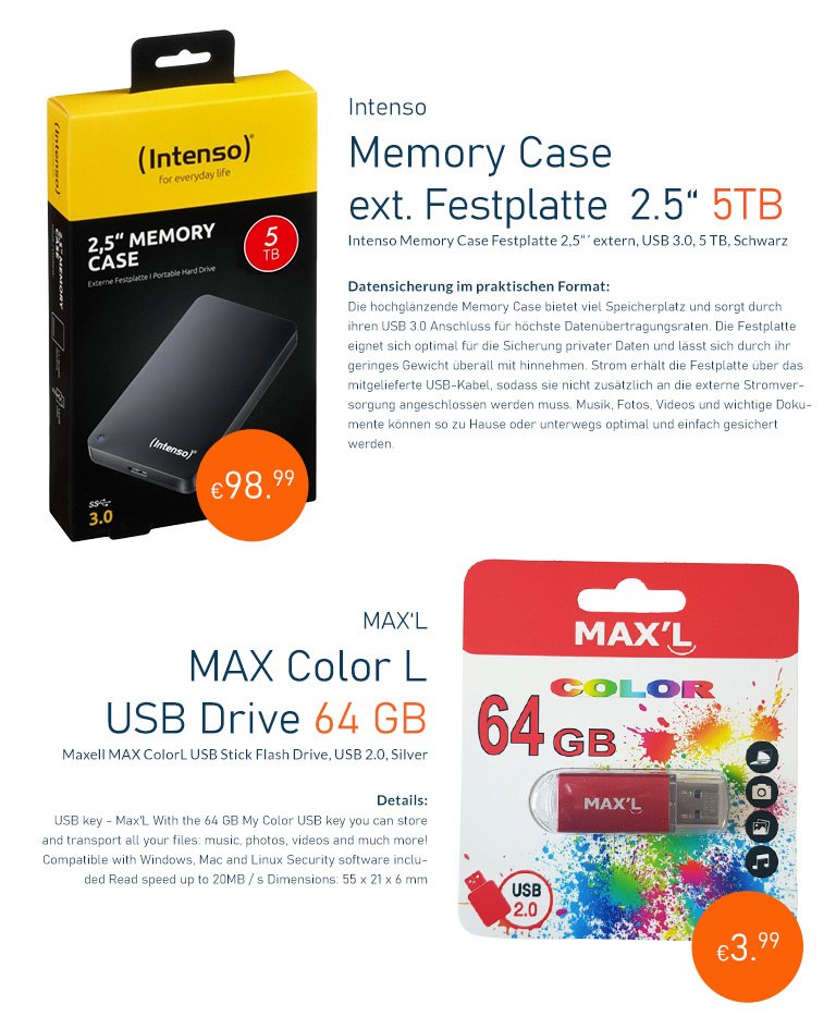 64 3.99 external Color EUR only Drive, drive Milled MAX only Maxell 98.99 USB Stick hard Intenso Nierle.com: L 5TB + for GB EUR | for Flash portable