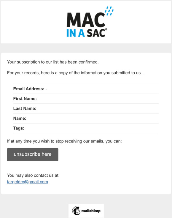 Mac in a Sac ALL: Subscription Confirmed