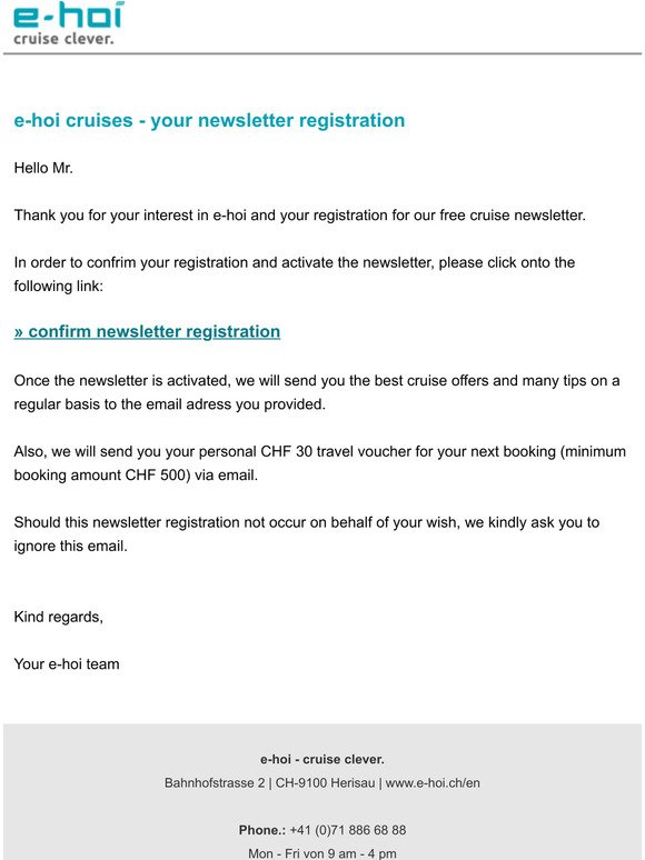 e-hoi cruises - your newsletter registration