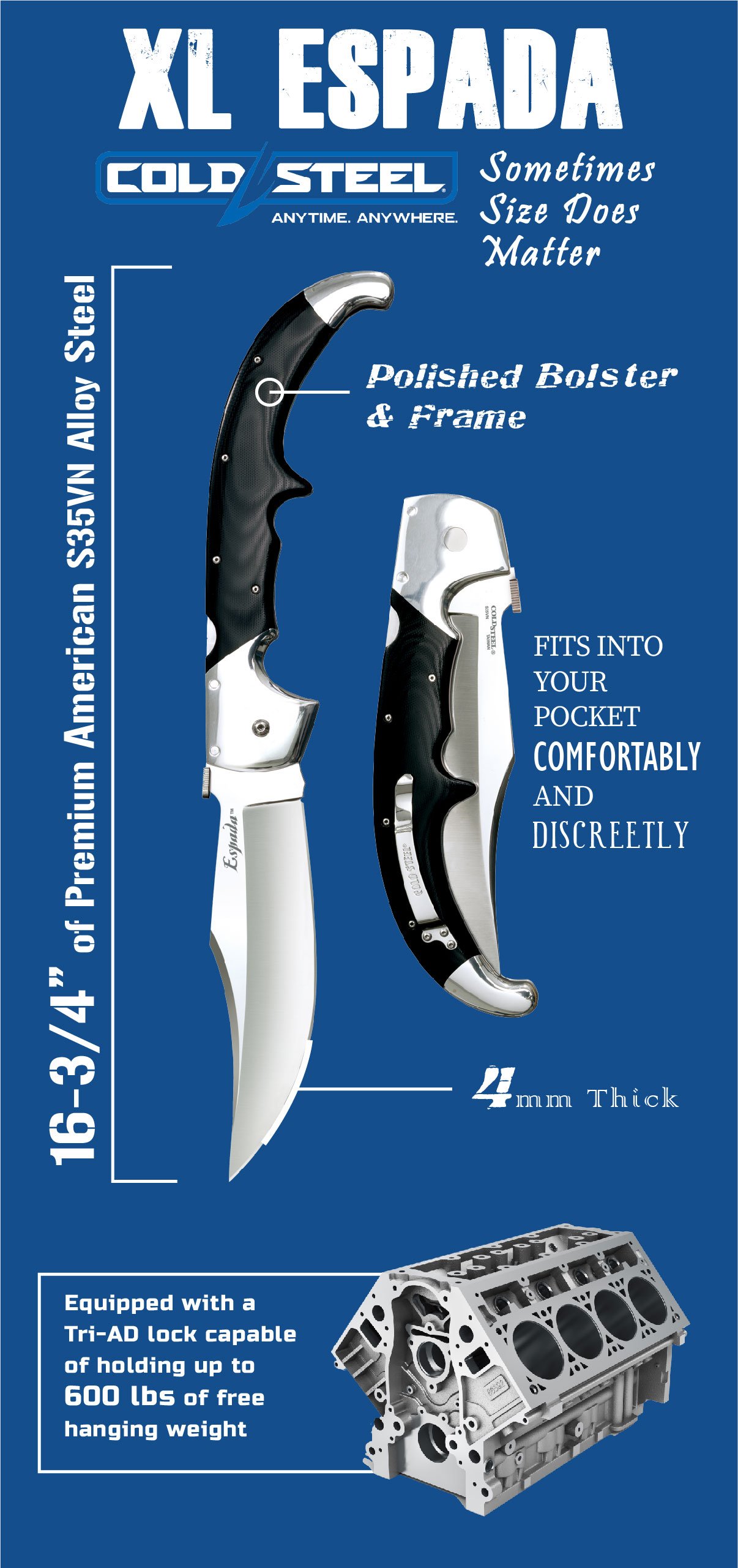  Cold Steel Espada Series Folding Knife with Tri, Ad Lock and  Pocket Clip, Espada XL & Recon 1 Series Tactical Folding Knife with Tri, Ad  Lock and Pocket Clip, Made