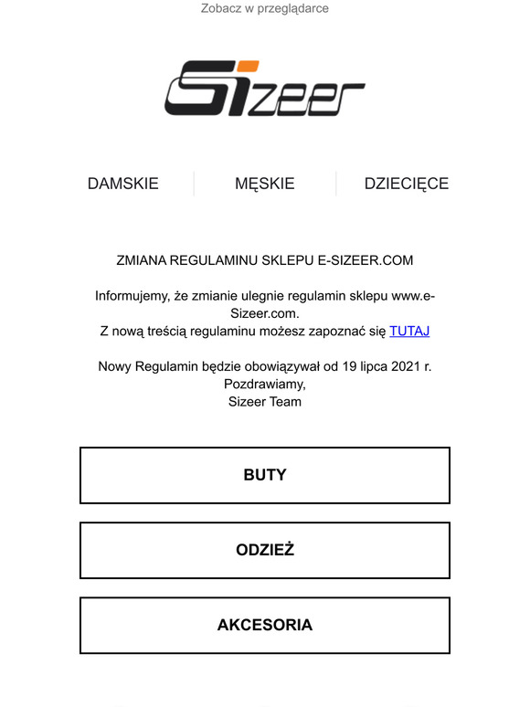Zmiana Regulaminu Sklepu e-Sizeer.com