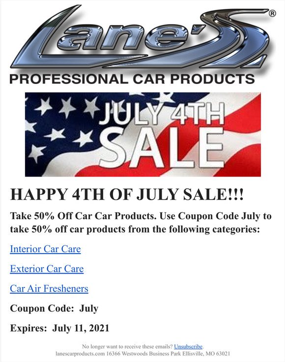 Lane's Car Products 50% OFF July 4th Sale