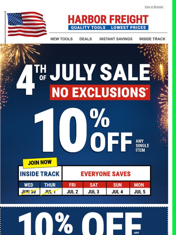 Harbor Freight Tools 4th of July Sale 10 off NO EXCLUSIONS 4 Days