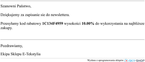 Otrzymae kod rabatowy - Dzikujemy za zapisanie si do newslettera