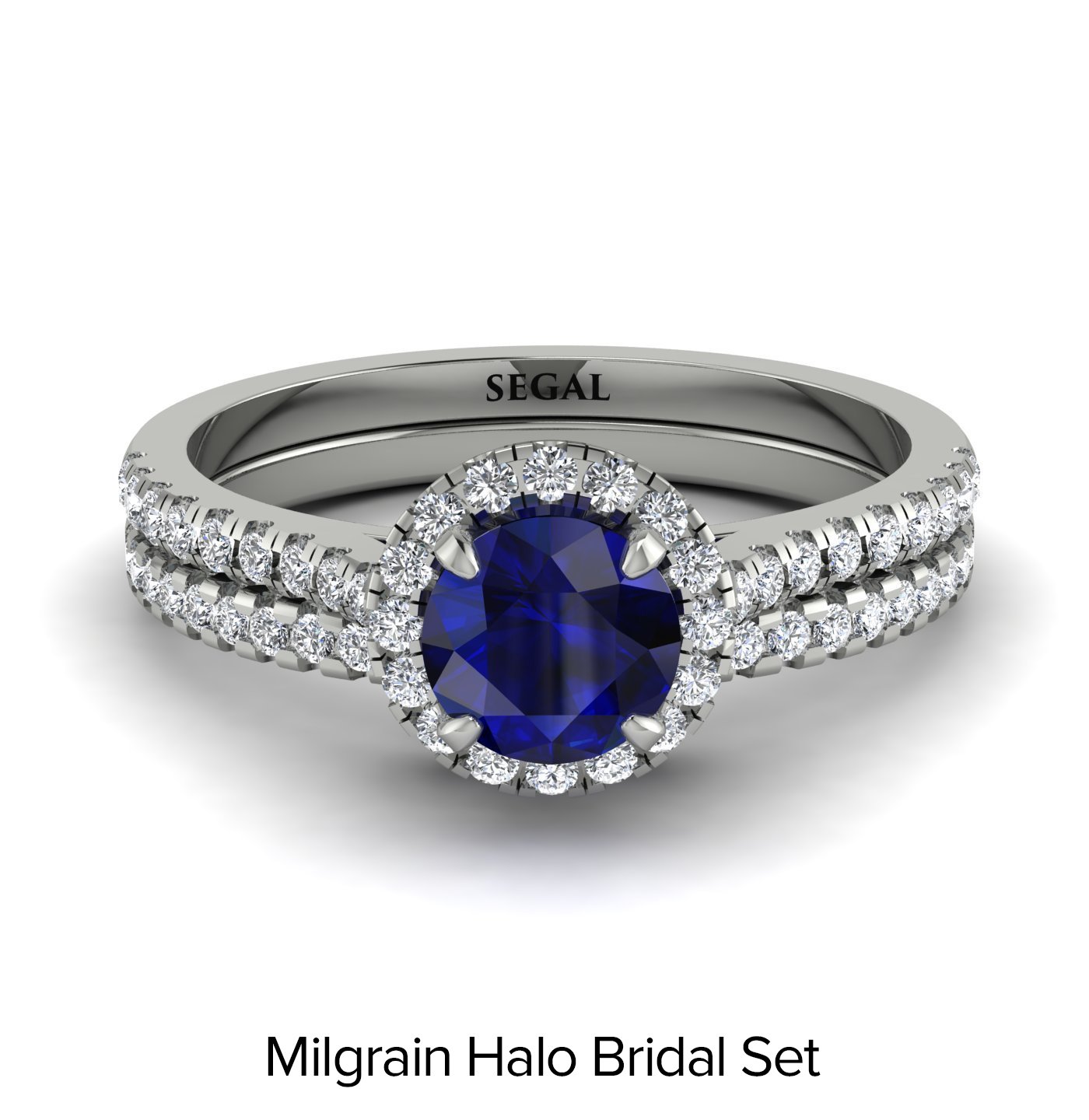Milgrain Halo Sapphire Bridal Set