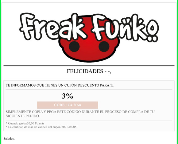 [FreakFunko] FELICIDADES! Tienes un VALE DESCUENTO de bienvenida!