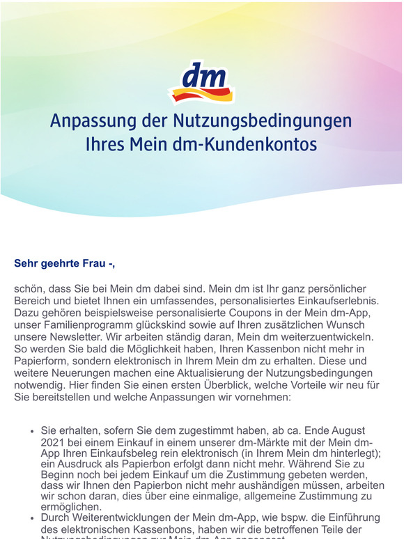 Anpassung der Nutzungsbedingungen Ihres Mein dm-Kundenkontos