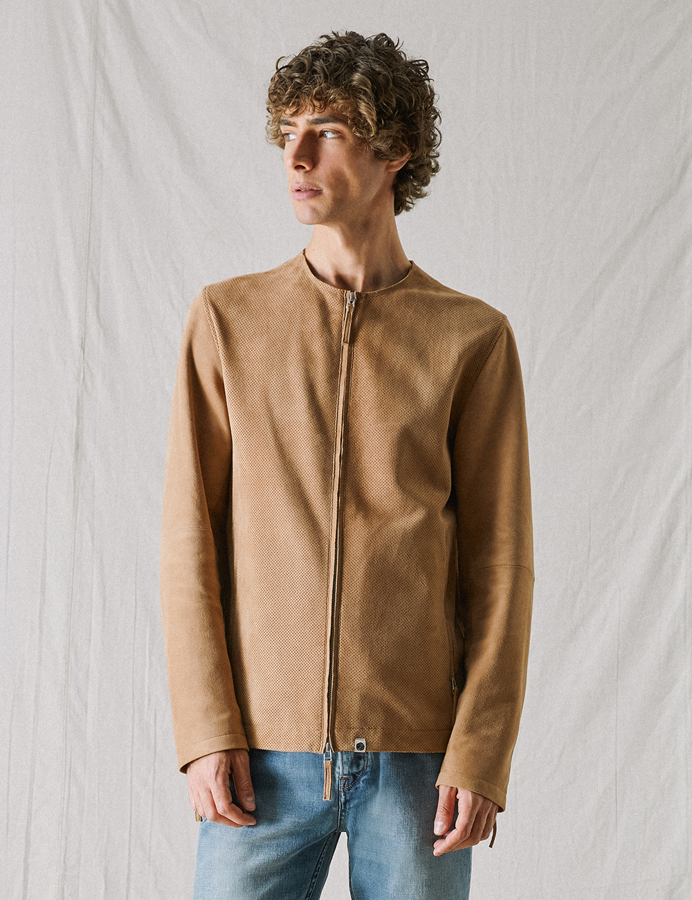 suede collarless jacket