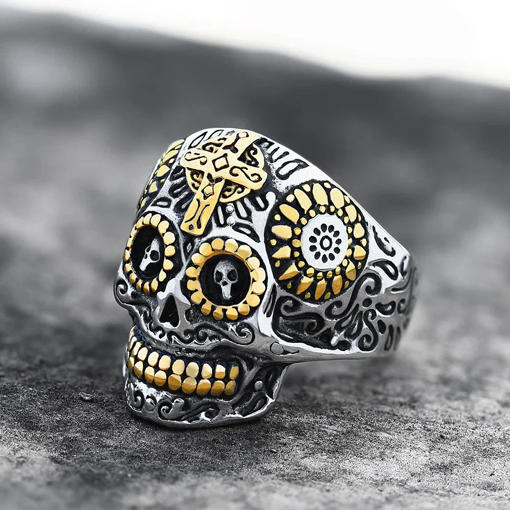 Image of Vintage Cross Stainless Steel Sugar Skull Ring