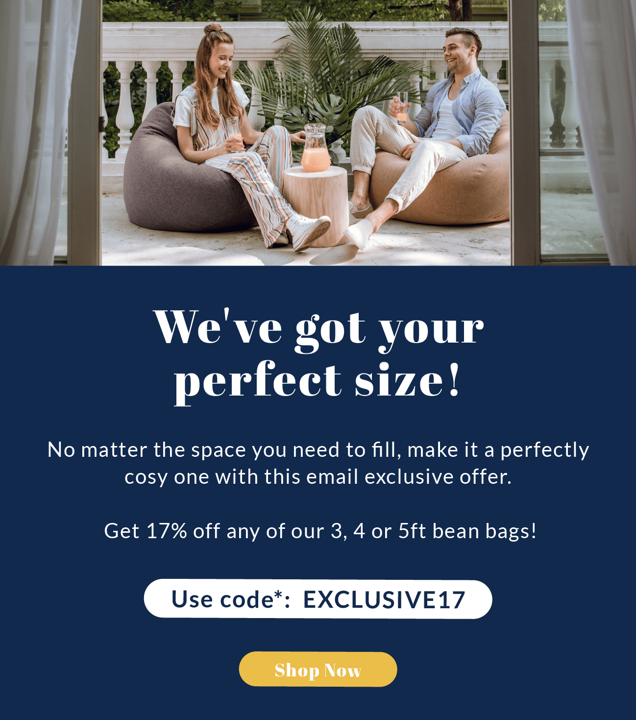 We've got your perfect size! No matter the space you need to fill, make it a perfectly cosy one with this email exclusive offer. Get 17% off any of our 3, 4 or 5ft bean bags! Use code*: EXCLUSIVE17 Shop Now