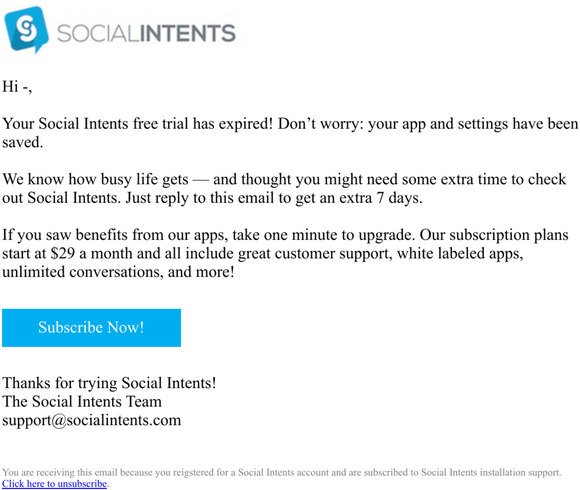 Your Social Intents trial has ended. Subscribe today to pick up where you left off.
